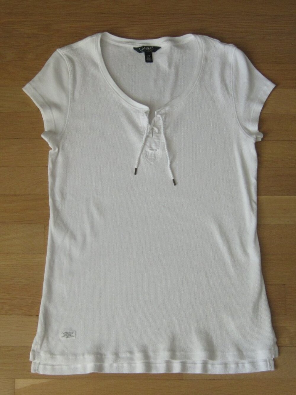 Lauren Ralph Lauren White Cotton Ribbed Lace Up Top Size L Short Sleeve Tee